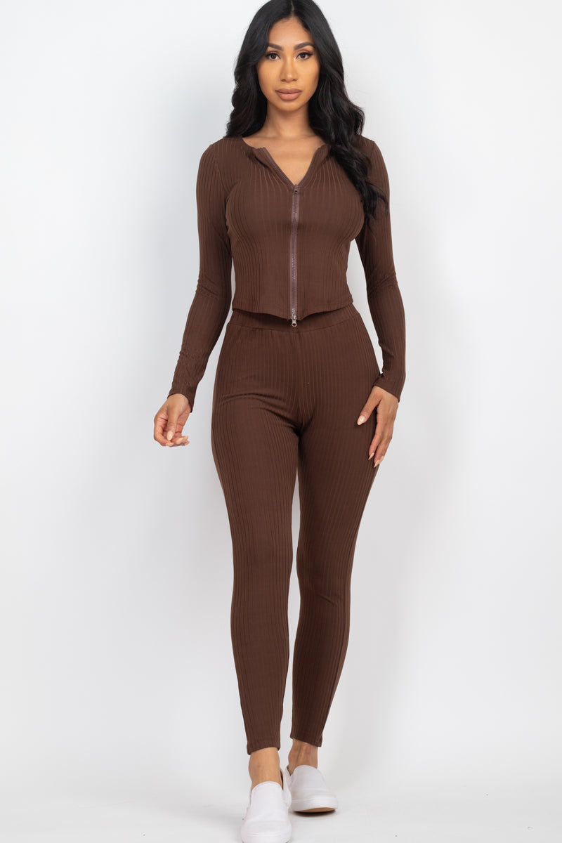 Ribbed Zip Front Long Sleeve Top & Leggings Set (CAPELLA)