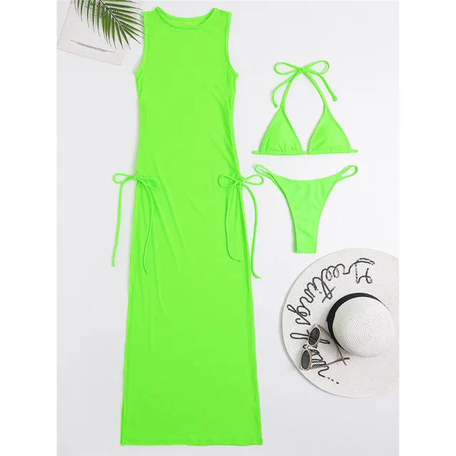 3 Pieces Bikini Set Micro String Bikini and Sheer Cover-Up Dress (Multiple Colors)