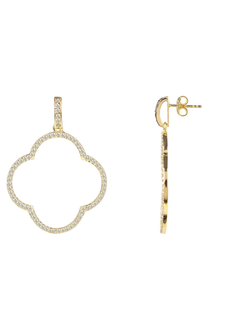 Open Clover Large Drop Earrings White Cz Gold