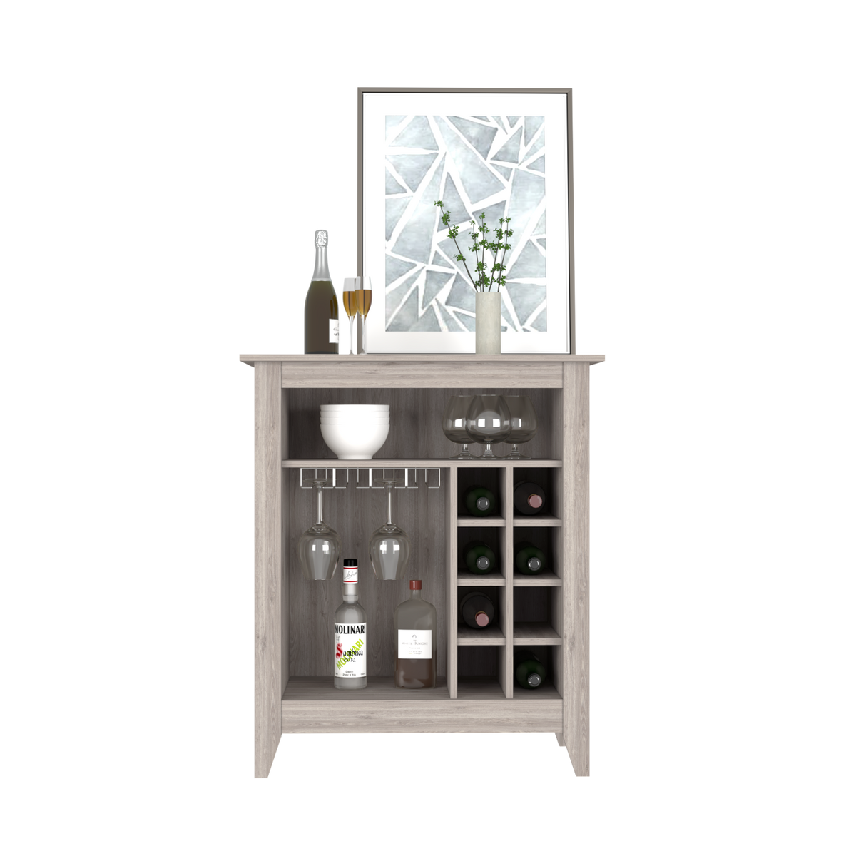 Bar Cabinet Castle, One Open Shelf, Six Wine Cubbies - Light Gray