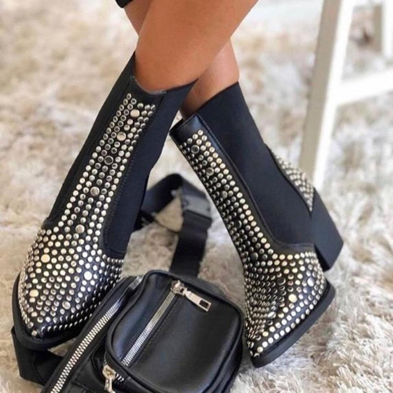 Rivets & Denim Elastic Pointed Ankle Boots