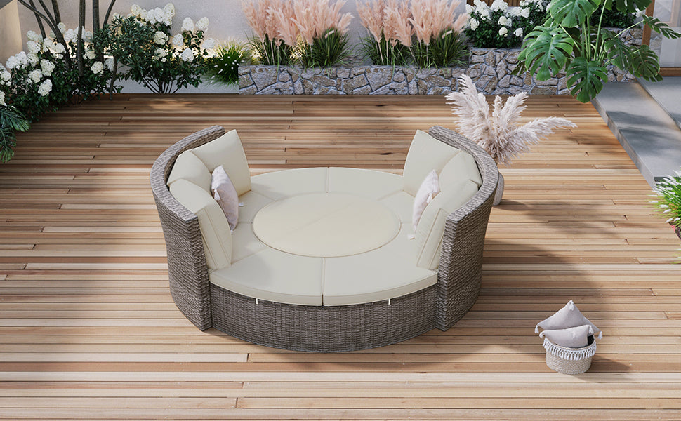 5-Piece Round Rattan Sectional Set All-Weather PE Wicker w/ Round Liftable Table