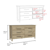 6 Drawer Double Dresser Wezz, Four Legs, Superior Top - Light Oak / White