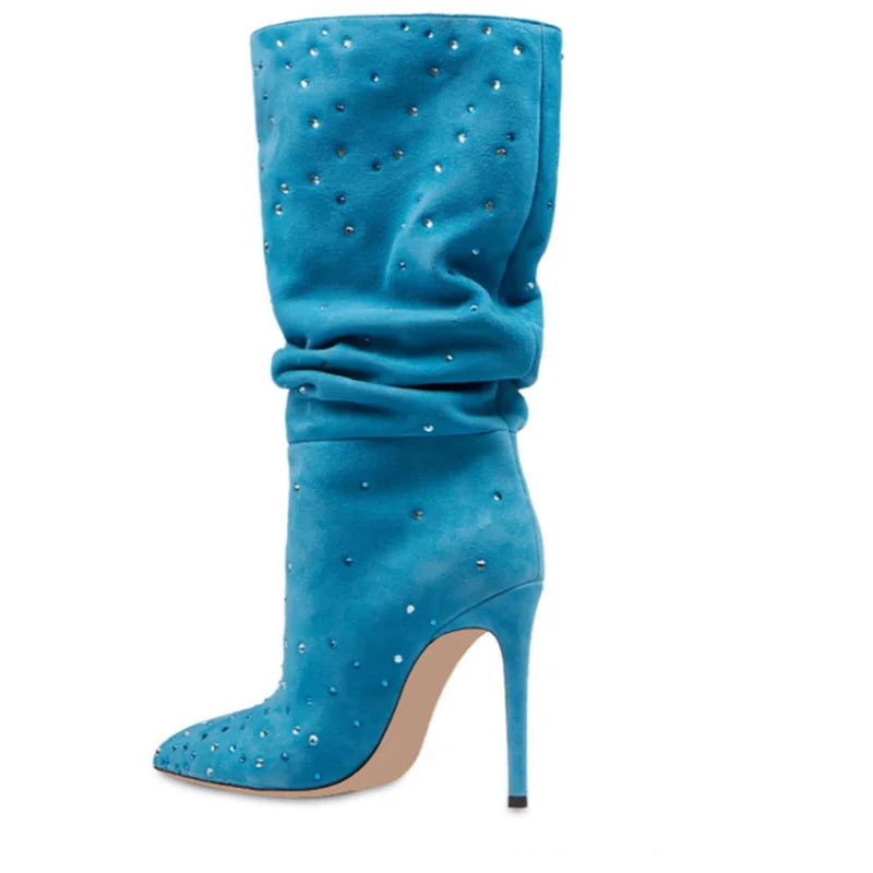 Frosted Rhinestone Pleated Knee High Heel Boots