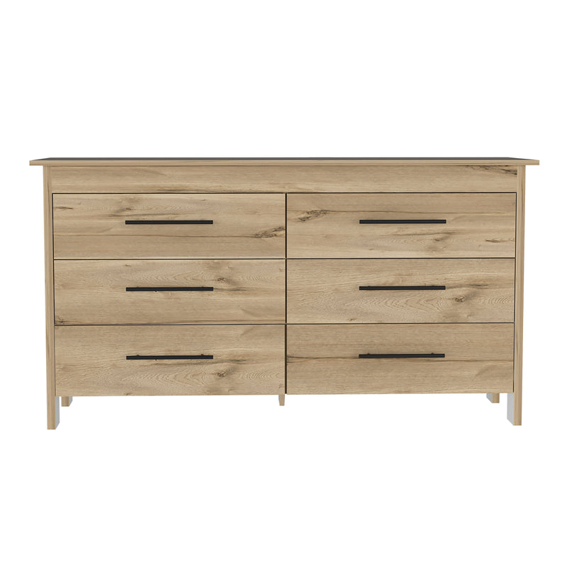 6 Drawer Double Dresser Wezz, Four Legs, Superior Top - Light Oak / White