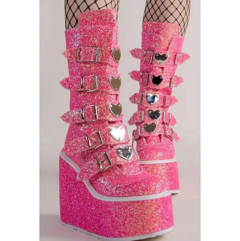 Rave Punk Glow Sparkle Buckle Motorcycle Boots