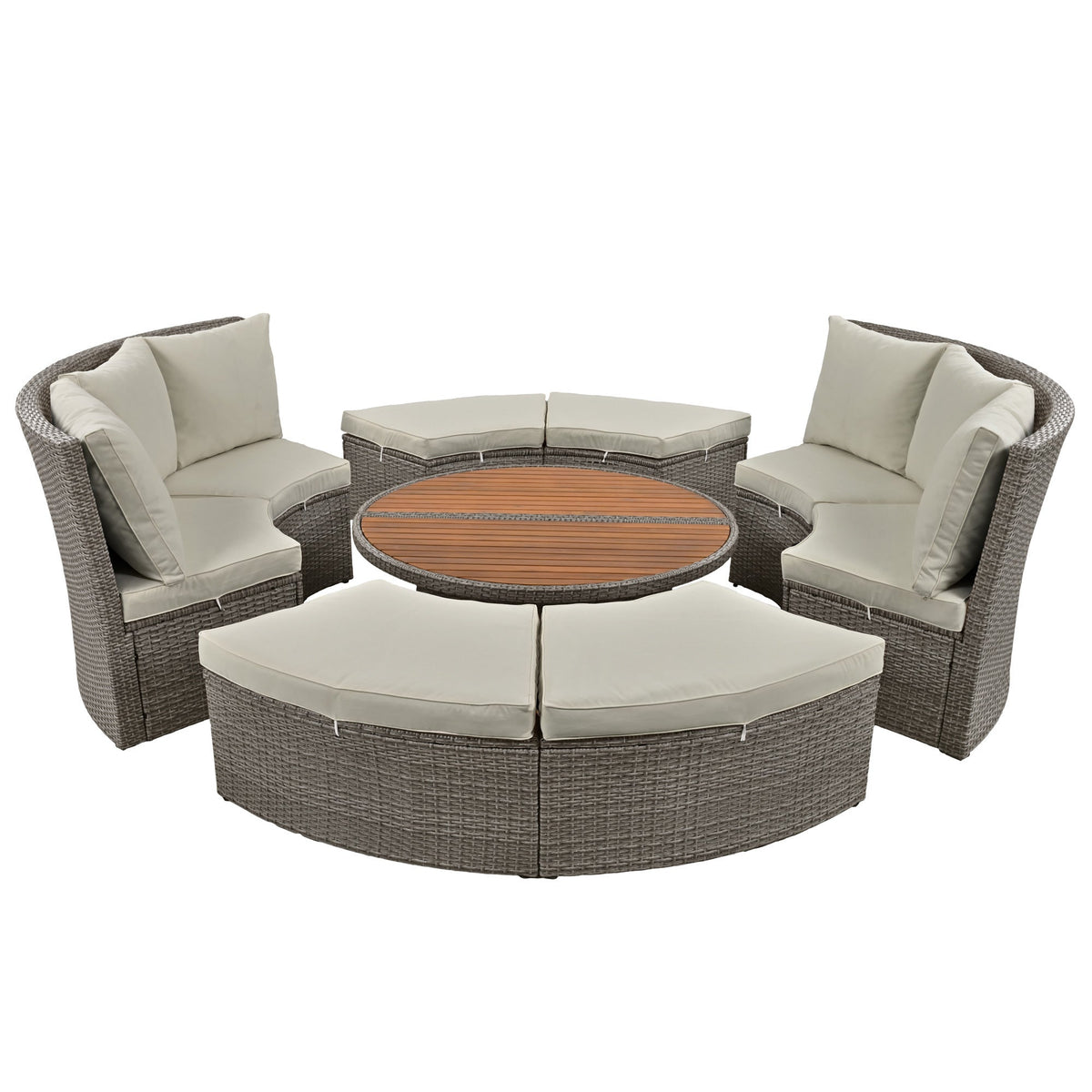 5-Piece Round Rattan Sectional Set All-Weather PE Wicker w/ Round Liftable Table