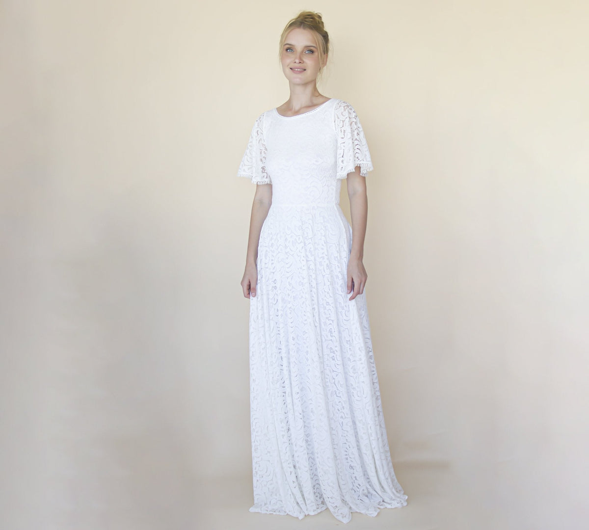 Bohemian Butterfly Sleeves, Modest Ivory Wedding Dress With Pockets #1318