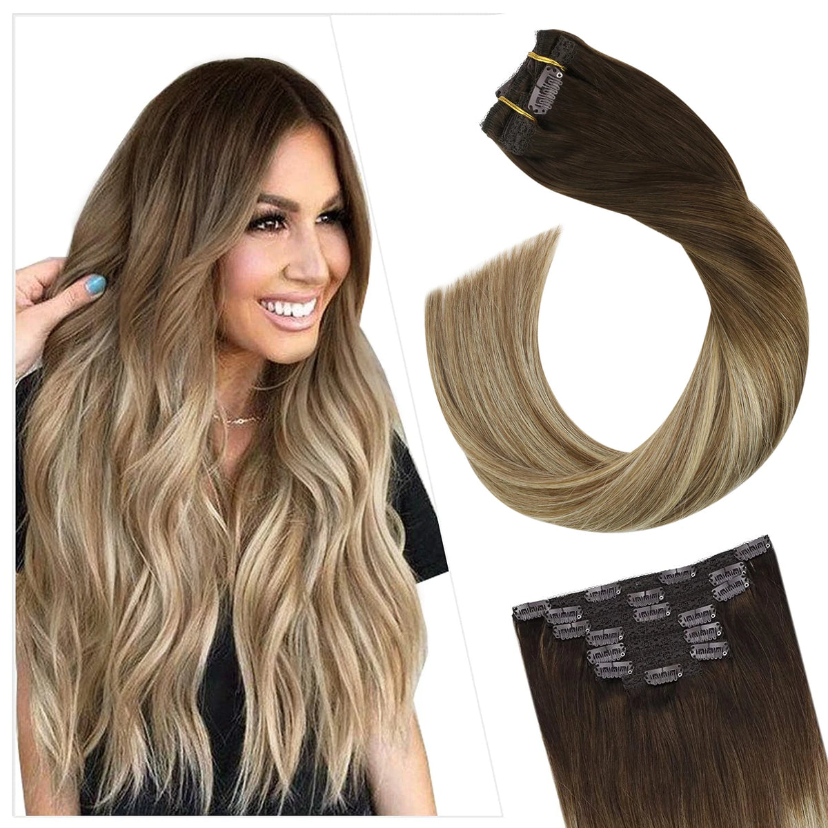 [16 Colors] 7 Pc Clip in Extensions, Human Hair 14-22" Double Weft Remy Hair