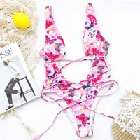 Printed Deep v Neck Wrap Around Tummy Cut Out One Piece Swimsuit Women Swimwear Female Bather Bathing Suit Swim Monokini V1037G