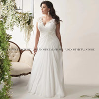 Elegant Plus Size Wedding Dresses V-Neck Cap Sleeves Sweep Train