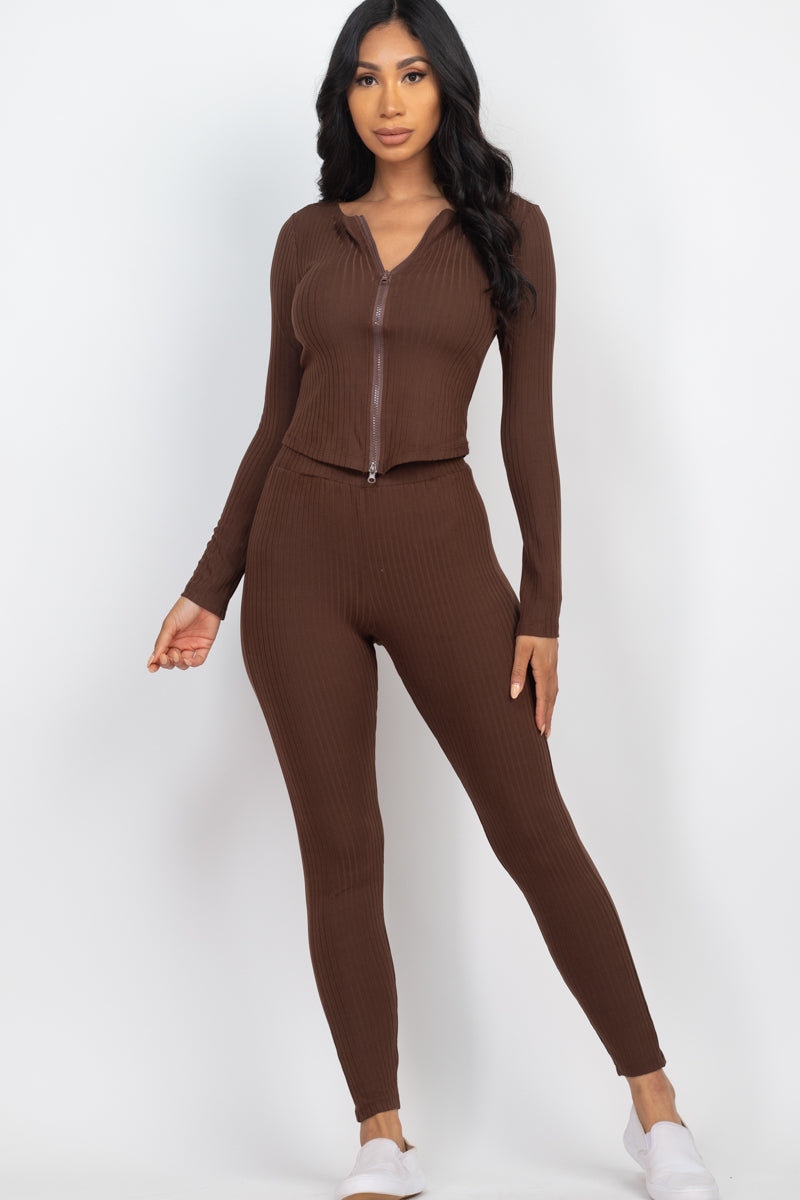 Ribbed Zip Front Long Sleeve Top & Leggings Set (CAPELLA)