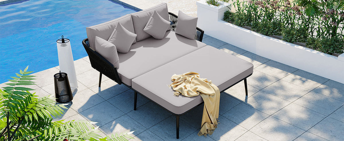 Outdoor Daybed, Woven Nylon Rope Backrest With Washable Cushions in Gray