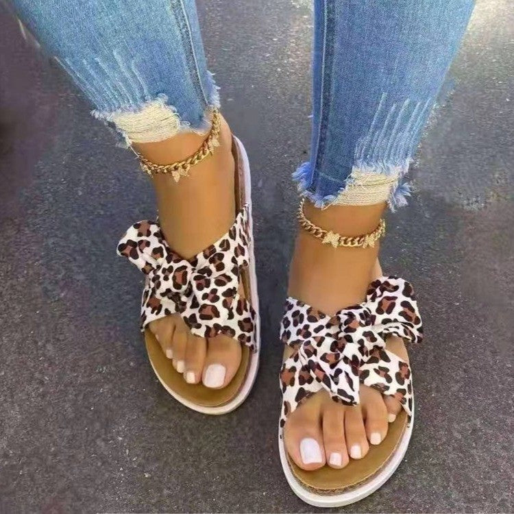 Light Leopard Bow Flat Sandals