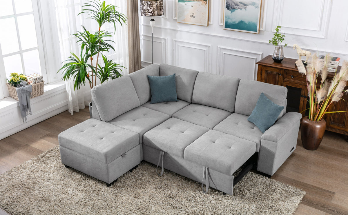 Sleeper Sofa, L-Shape w/ Storage Ottoman & Hidden Arm Storage & USB ports