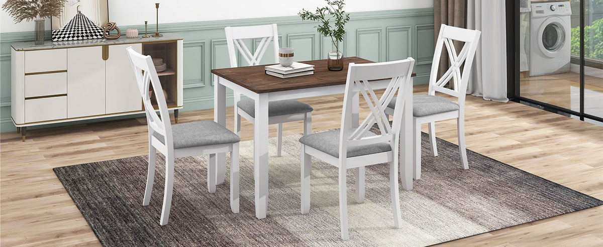 Rustic Minimalist Wood 5-Piece Dining Table Set w/ 4 X-Back Chairs - White