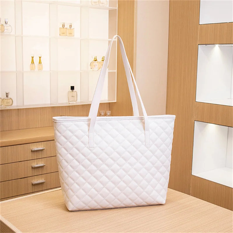 Women Rhombic Embroidery Handbag PU Leather Solid Color Fashion Tote Shoulder Bag