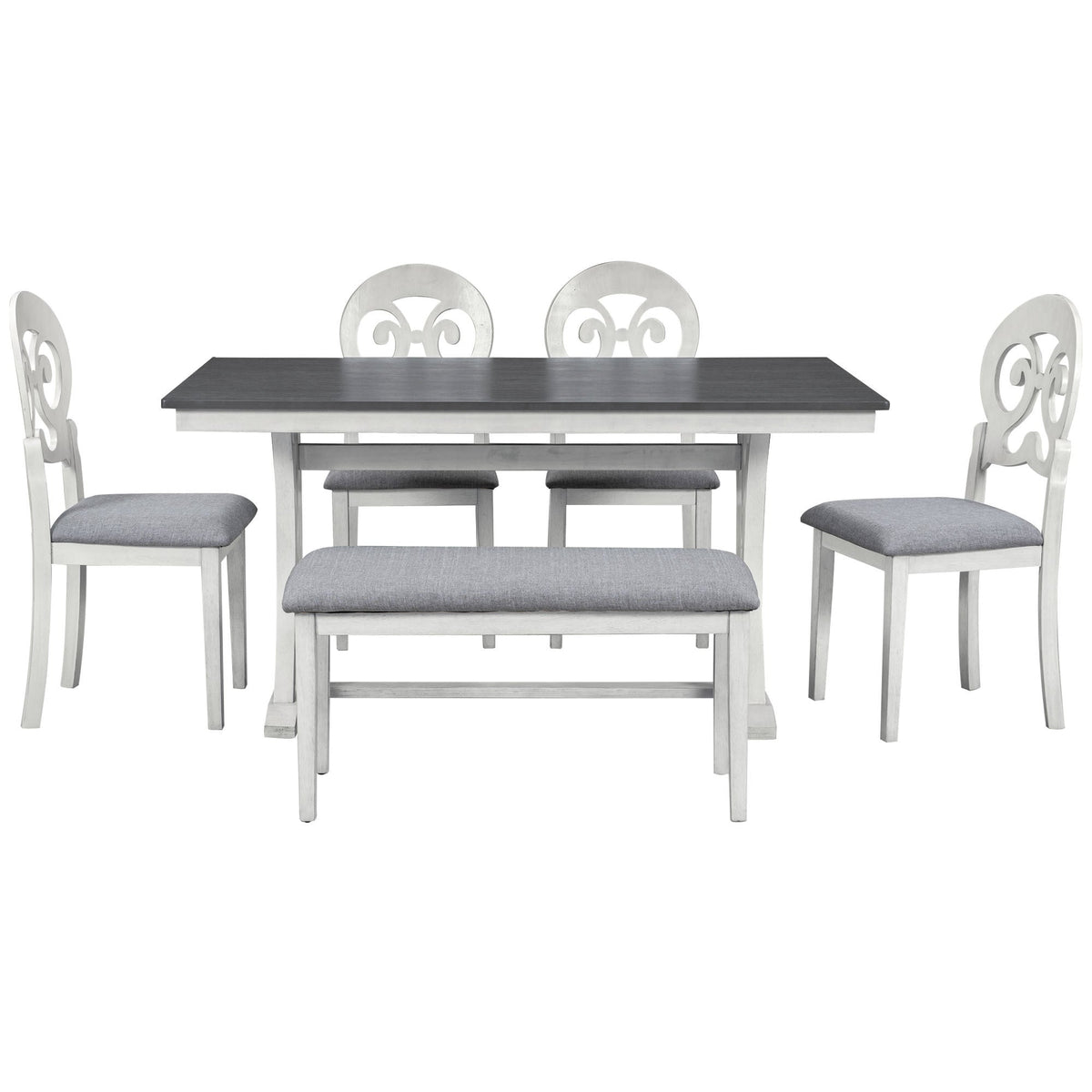 Mid-Century 6-Piece Table Set w/ Round Upholstered Dining Chairs & Bench