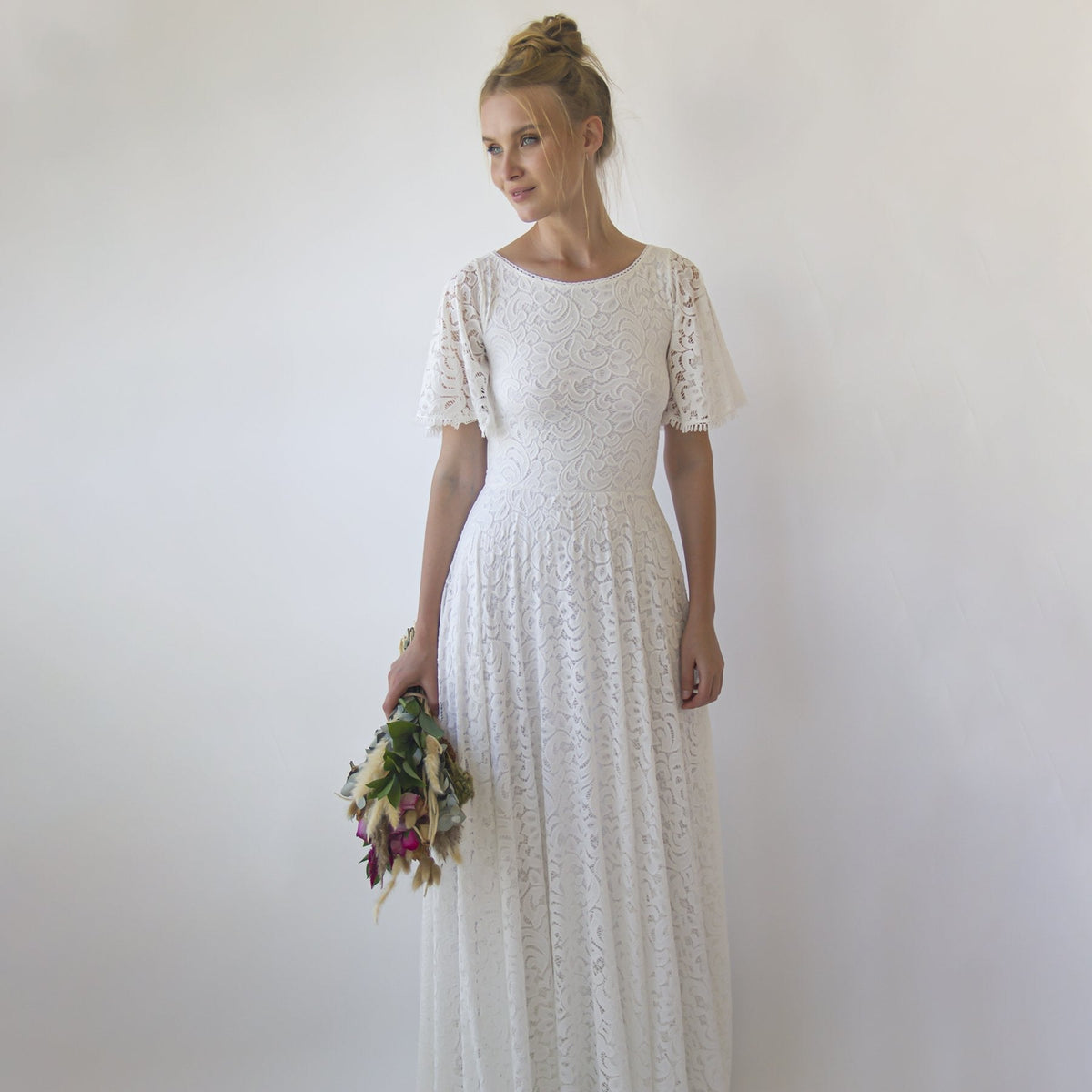 Bohemian Butterfly Sleeves, Modest Ivory Wedding Dress With Pockets #1318