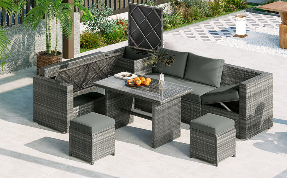 Outdoor 6-Piece All Weather PE Rattan Sofa Set w/ Adjustable Seat & Storage