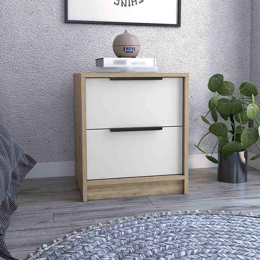 Nightstand Cervants, Two Drawers, Metal Handle - White / Pine