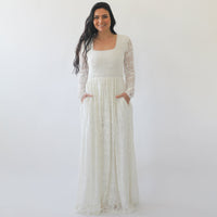 Bohemian Square Mid-Neckline Lace Dress With Pockets