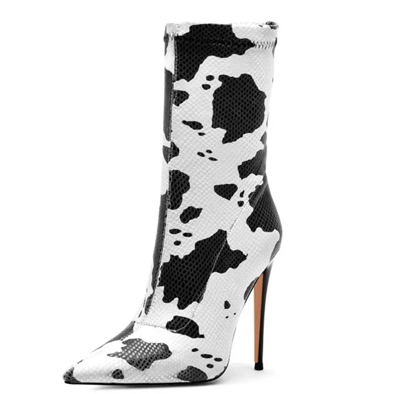 Black and White Cow or Newspaper Print Mid Calf Spike Heel Pointed Toe Short Boots