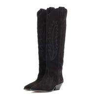 Suede Embroidered Knee High Boots in Nude & Black