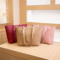 Women Rhombic Embroidery Handbag PU Leather Solid Color Fashion Tote Shoulder Bag