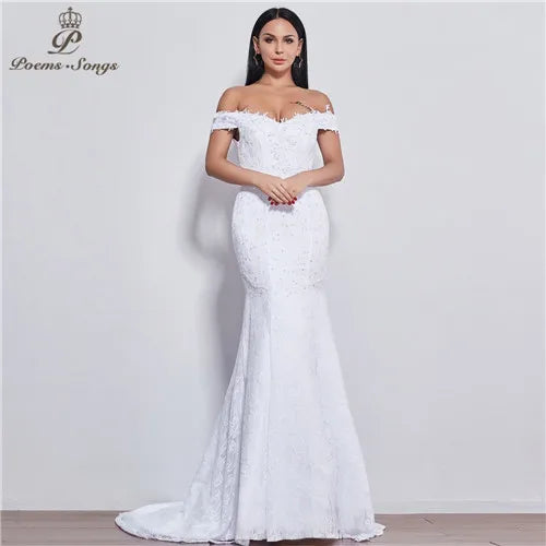 PoemsSongs - Boat Neck Off The Shoulder Beautiful Lace Mermaid Wedding Dress