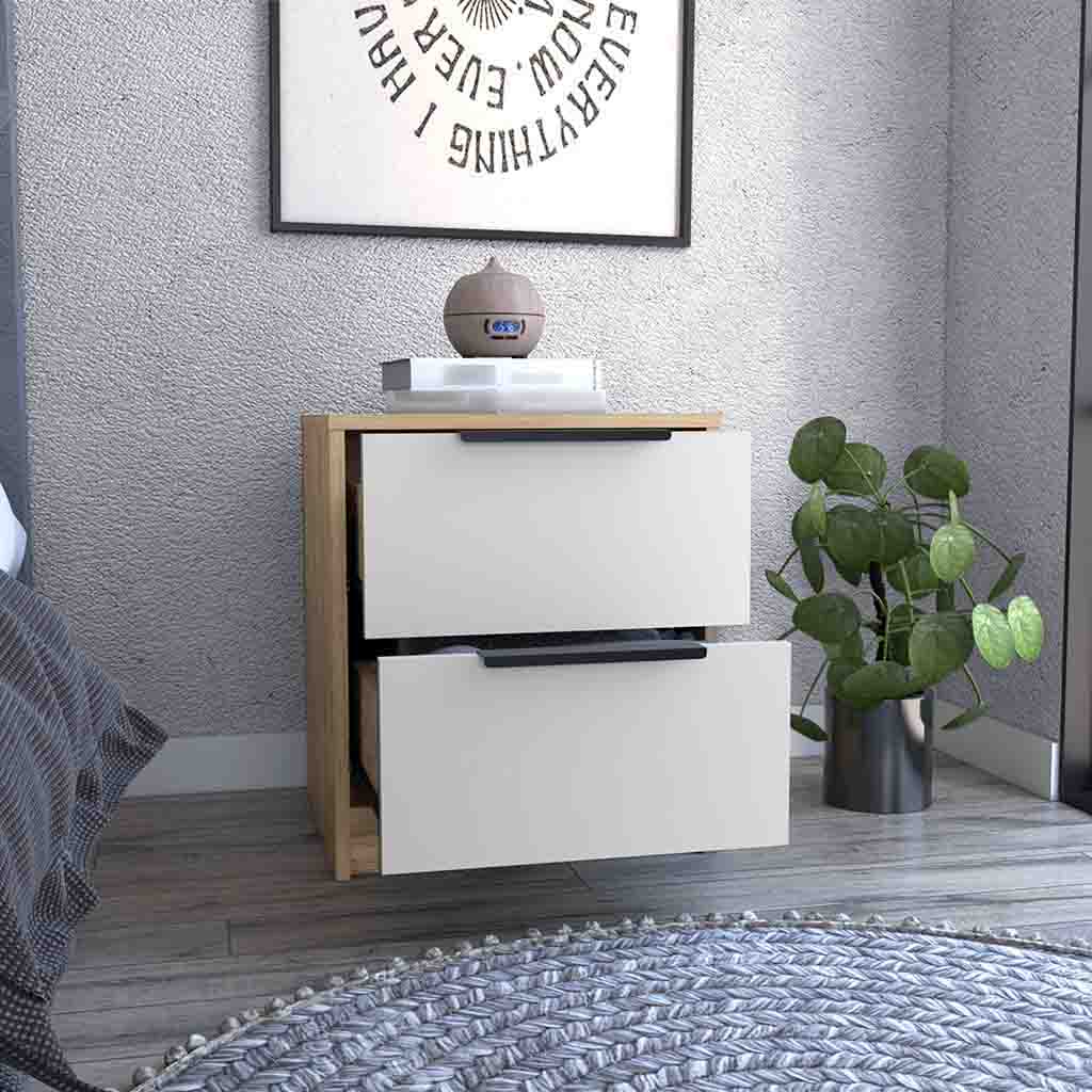 Nightstand Cervants, Two Drawers, Metal Handle - White / Pine