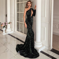 Stella - Sequined Long Sleeve Key Hole Long Evening Gown