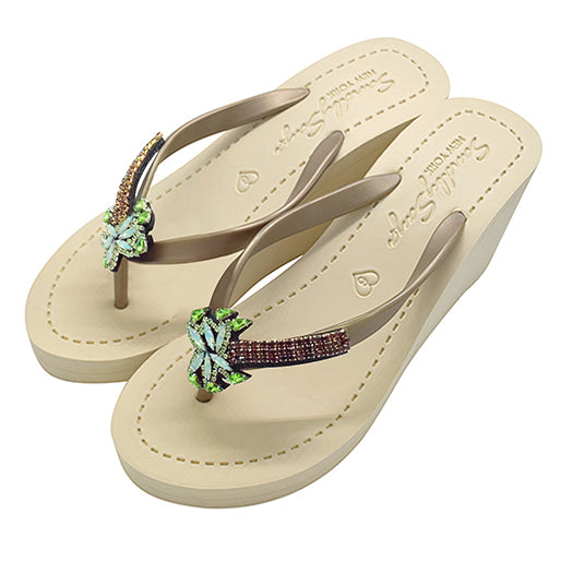 Palm Tree - Green Rhinestone Embellished Women's High Wedge Flip Flops Sandal