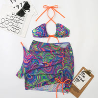 3 Pieces Bikini Set With Skirt Tie Dye String Thong Swim Suit