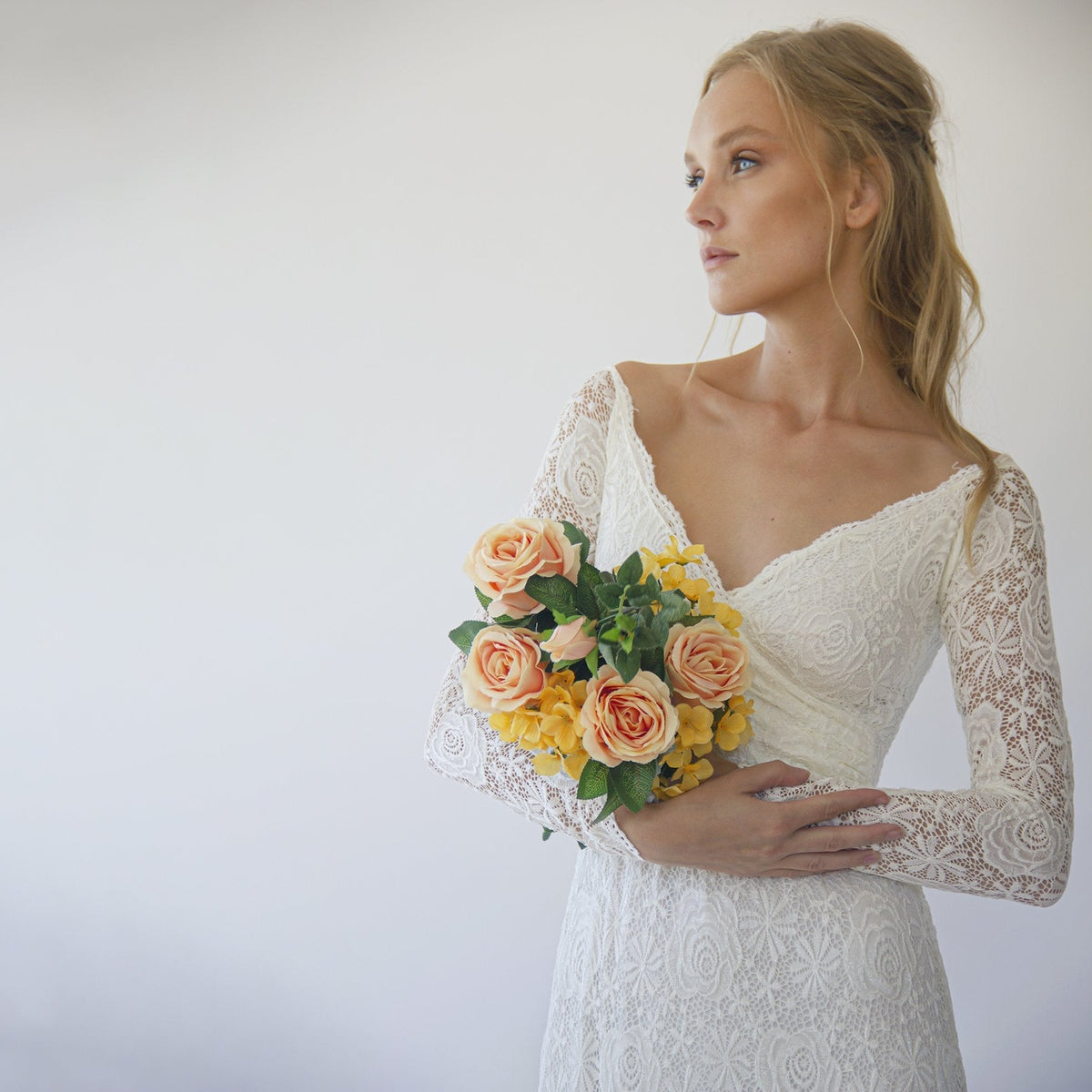 Simplistic Lace Edge, Ivory Off Shoulder Long Sleeve Mermaid Wedding Dress