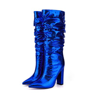 Knee High Metallic Pointed Toe Square Heel Party Boots