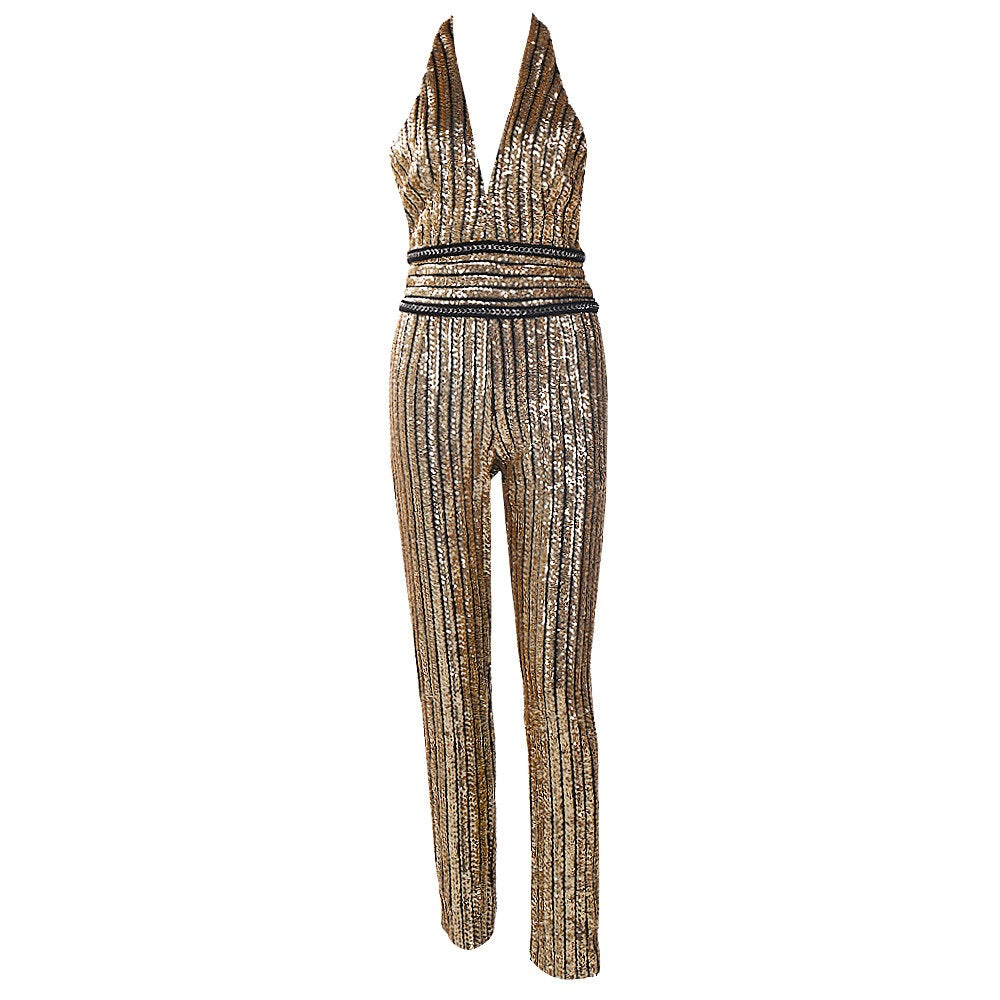 Handsewn Gold Sequin Striped Jumpsuit