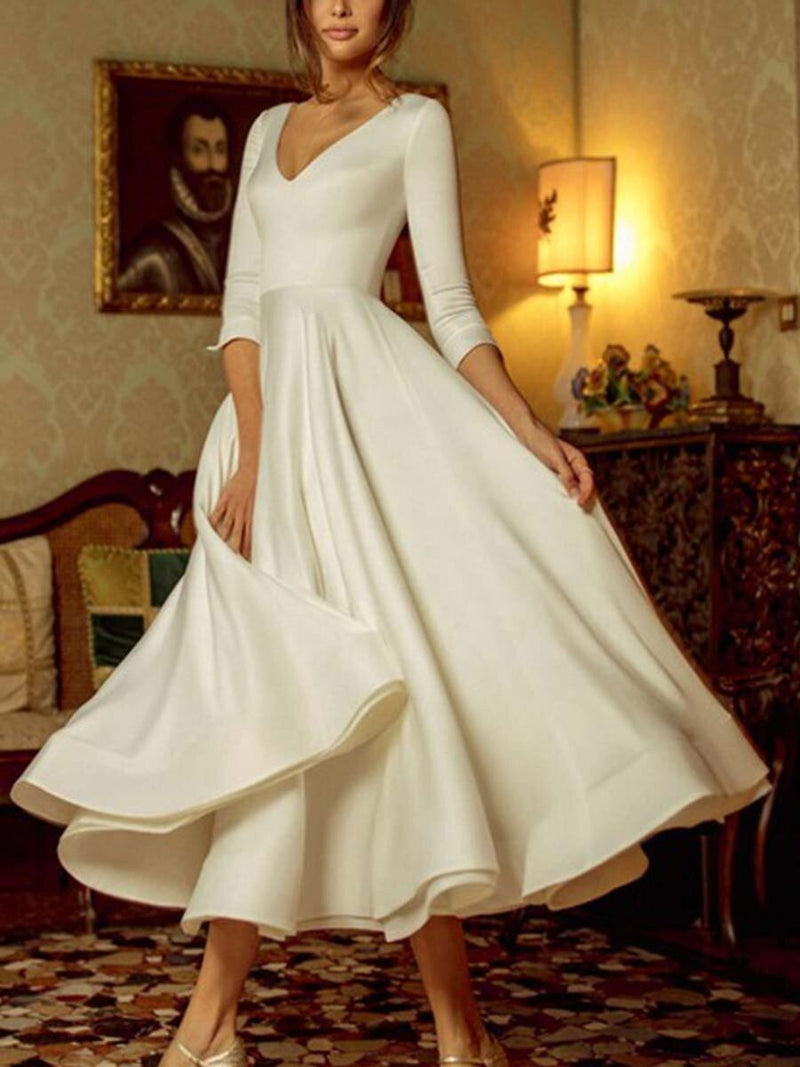 Marilyn - White Sleeveless and Long Sleeve Satin Knee Length Dress