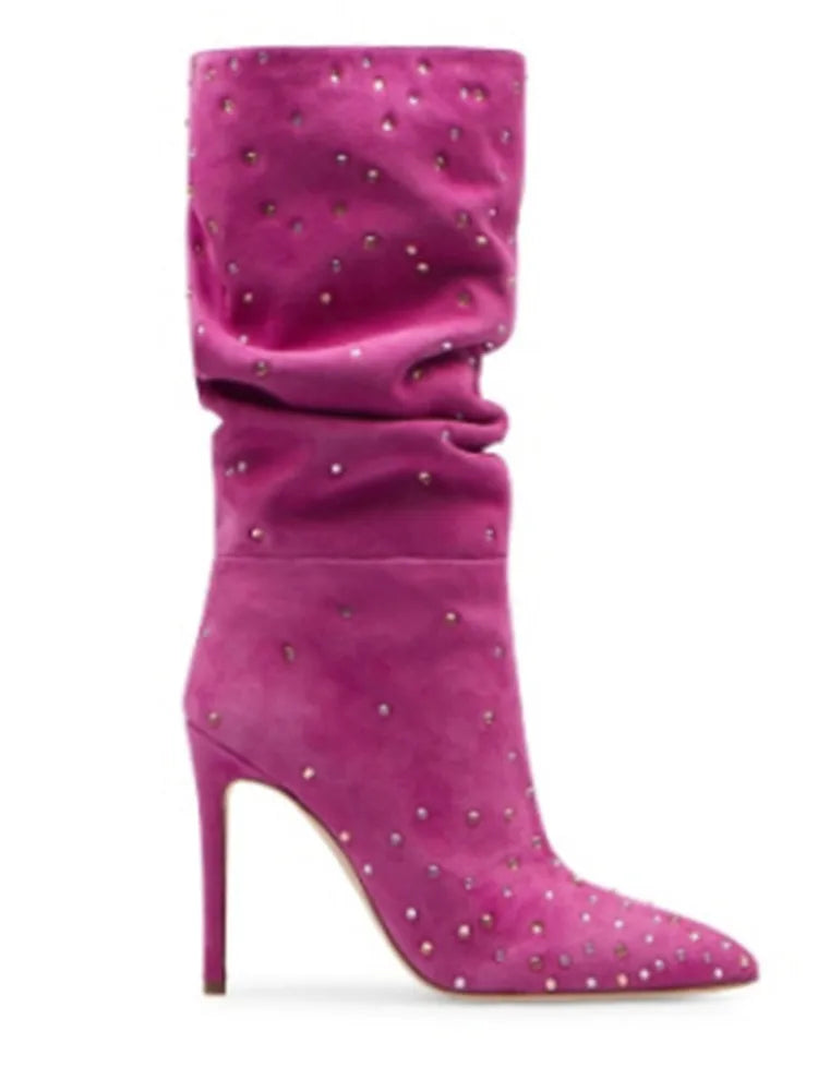 Frosted Rhinestone Pleated Knee High Heel Boots