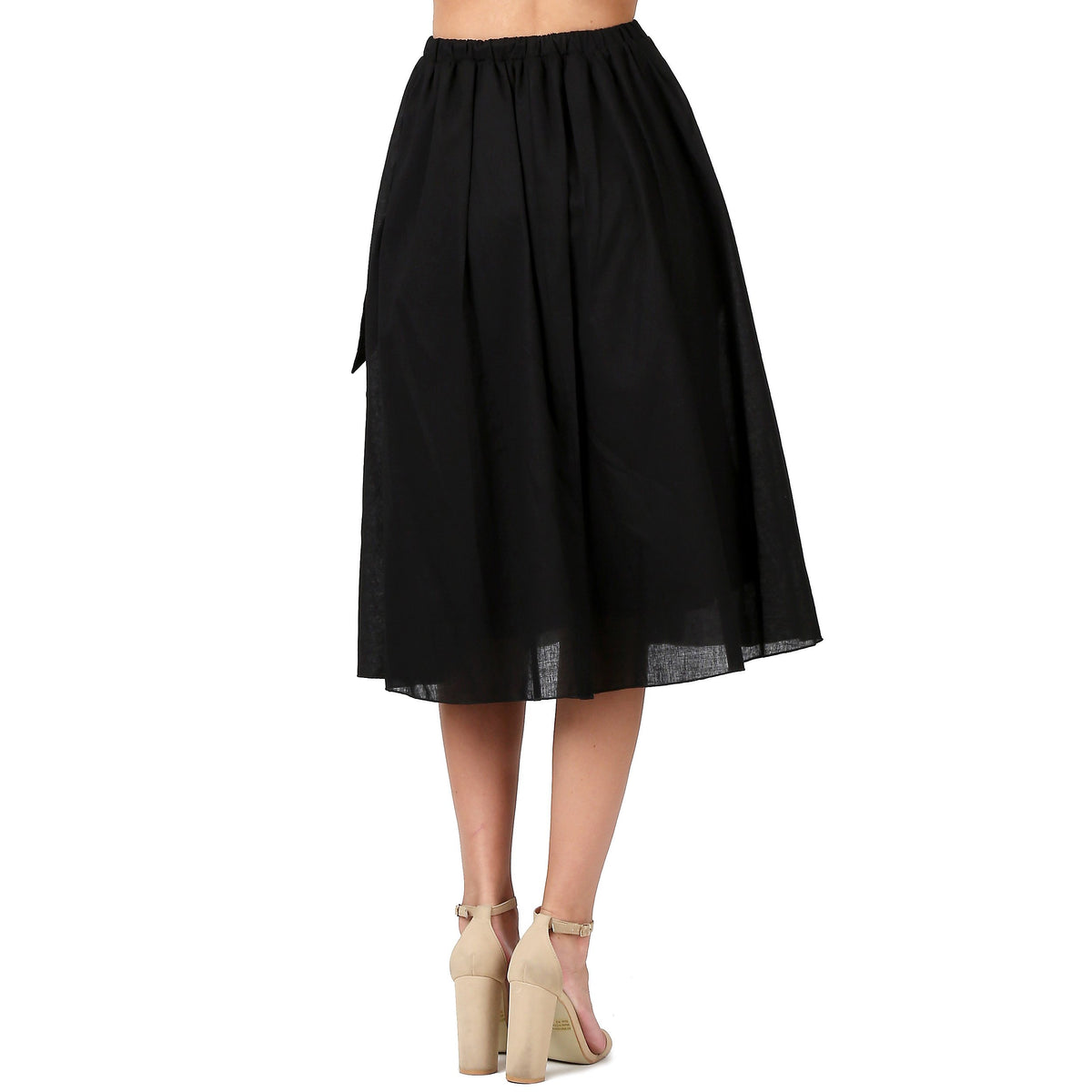 Evanese Women's Cotton Knee Length Skirt With Front Pockets & Ribbon