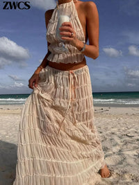 Pleated Crop Tops Long Skirt Sexy 2 Piece Set Beach Outfit