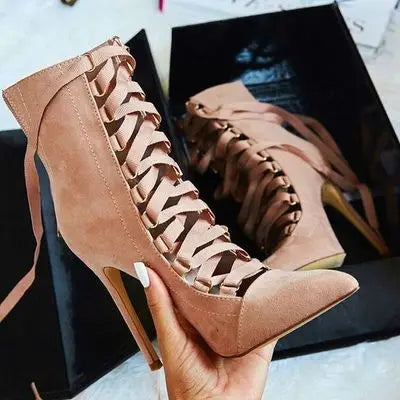 Velvet Lace-Up Zipper Stiletto Ankle Boots