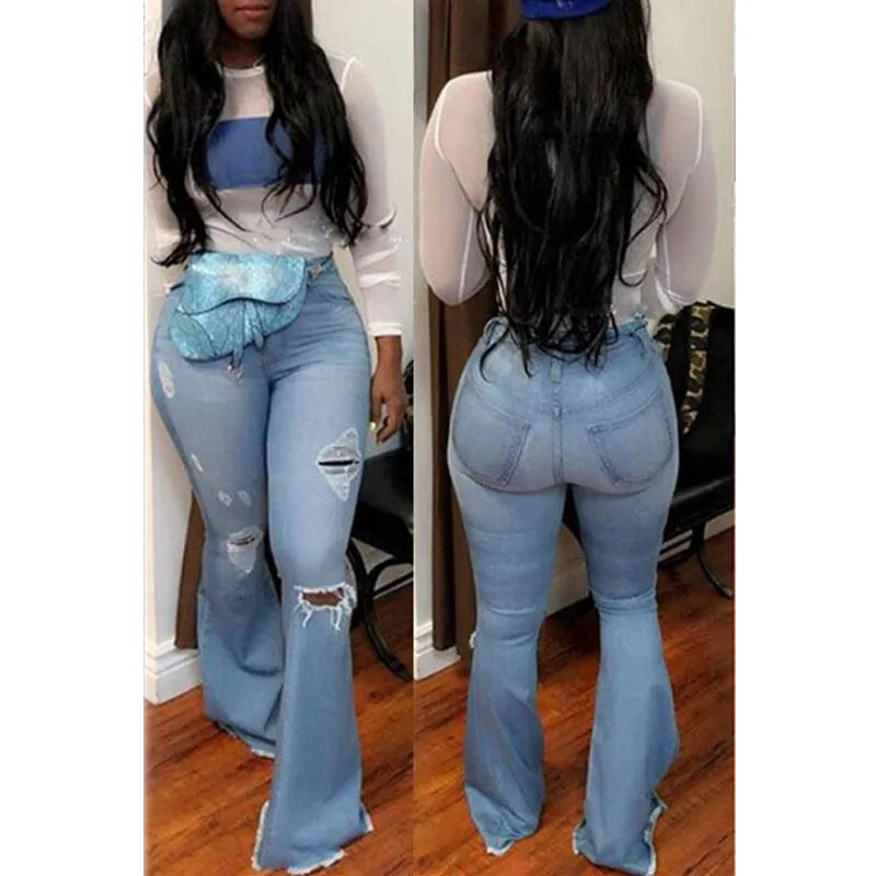 Denim High Waist Flare Ripped Stretchy Jeans (Multiple Colors)