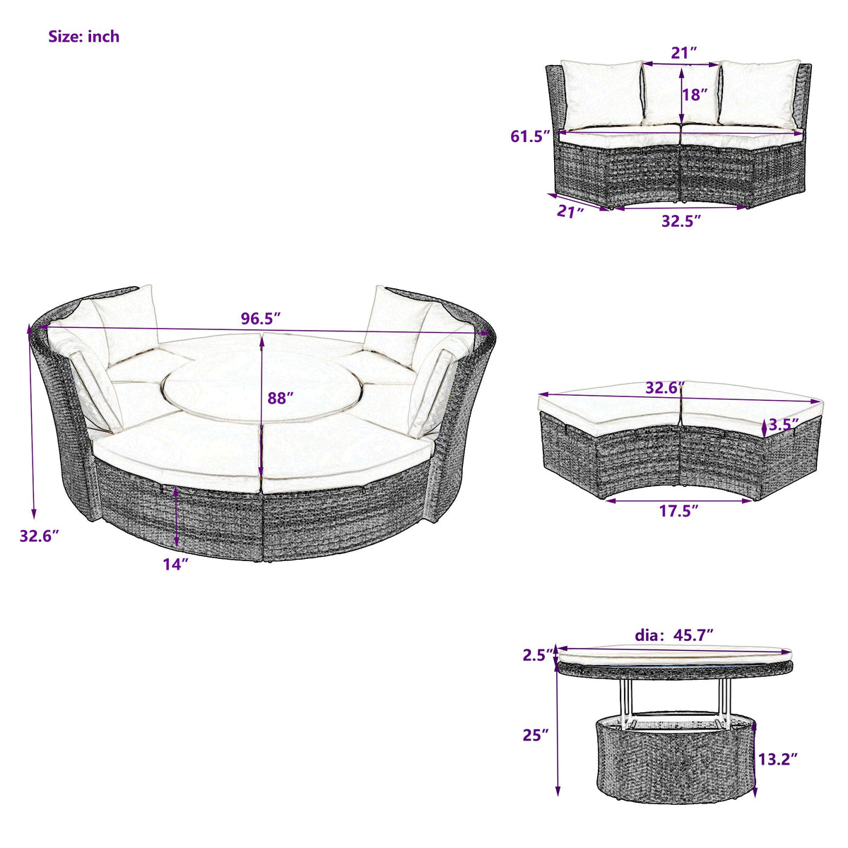 5-Piece Round Rattan Sectional Set All-Weather PE Wicker w/ Round Liftable Table