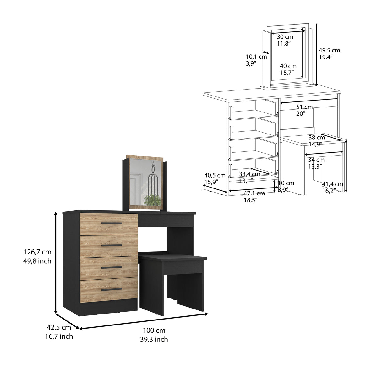 Makeup Dressing Table Roxx, Bedroom, Black / Pine