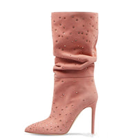 Frosted Rhinestone Pleated Knee High Heel Boots