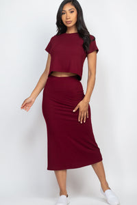 Short Sleeve Ribbed Top & Midi Skirt Set (CAPELLA) (Multiple Colors)