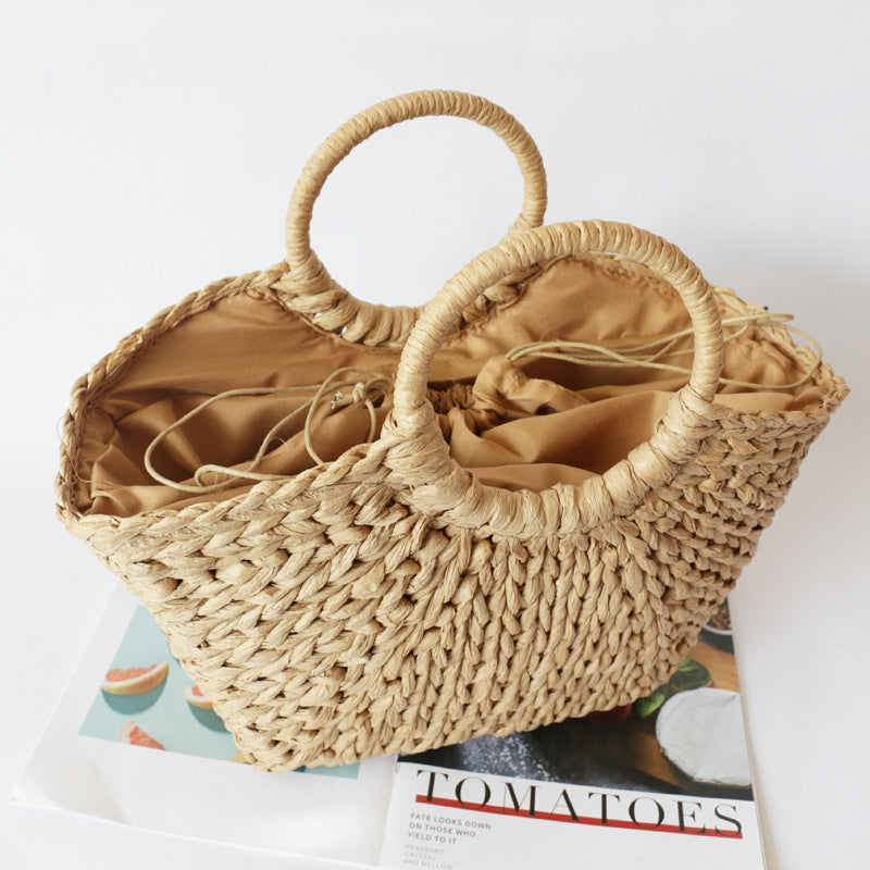 Summer Handmade Beach Straw Moon Shaped Top Handle Handbags Totes