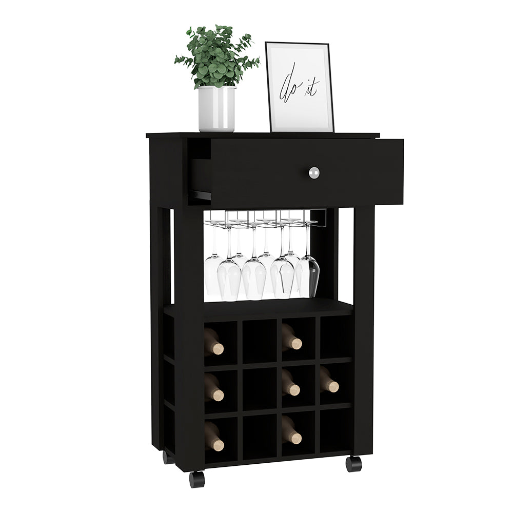 Bar Cart Bayamon, Twelve Wine Cubbies, Four Legs - Black