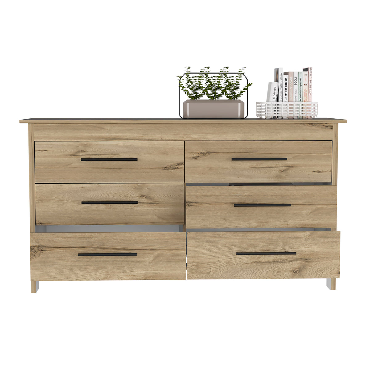 6 Drawer Double Dresser Wezz, Four Legs, Superior Top - Light Oak / White